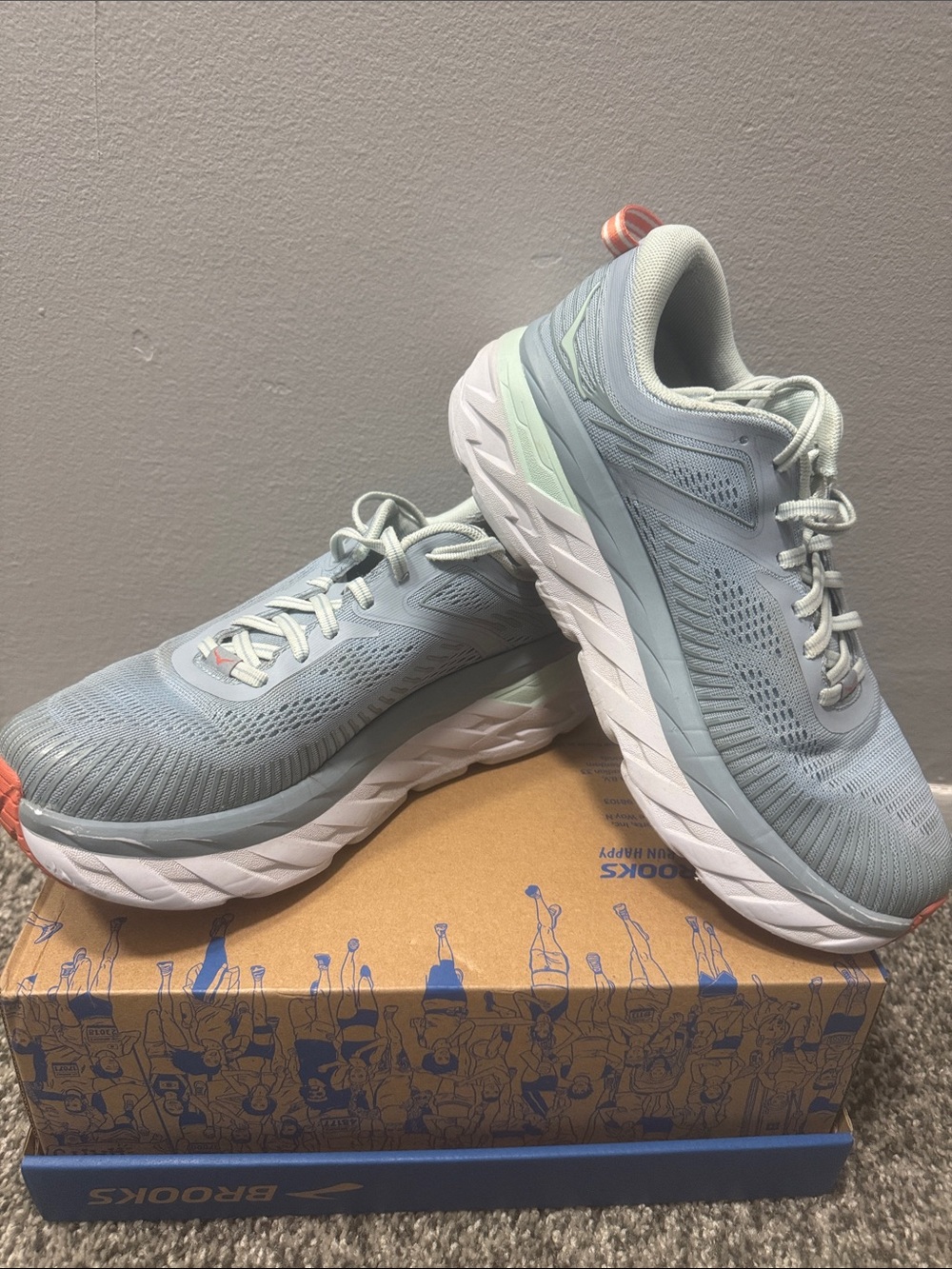 Hoka One One Women's Light Blue Running Shoes with Coral Accent. 8.5 W